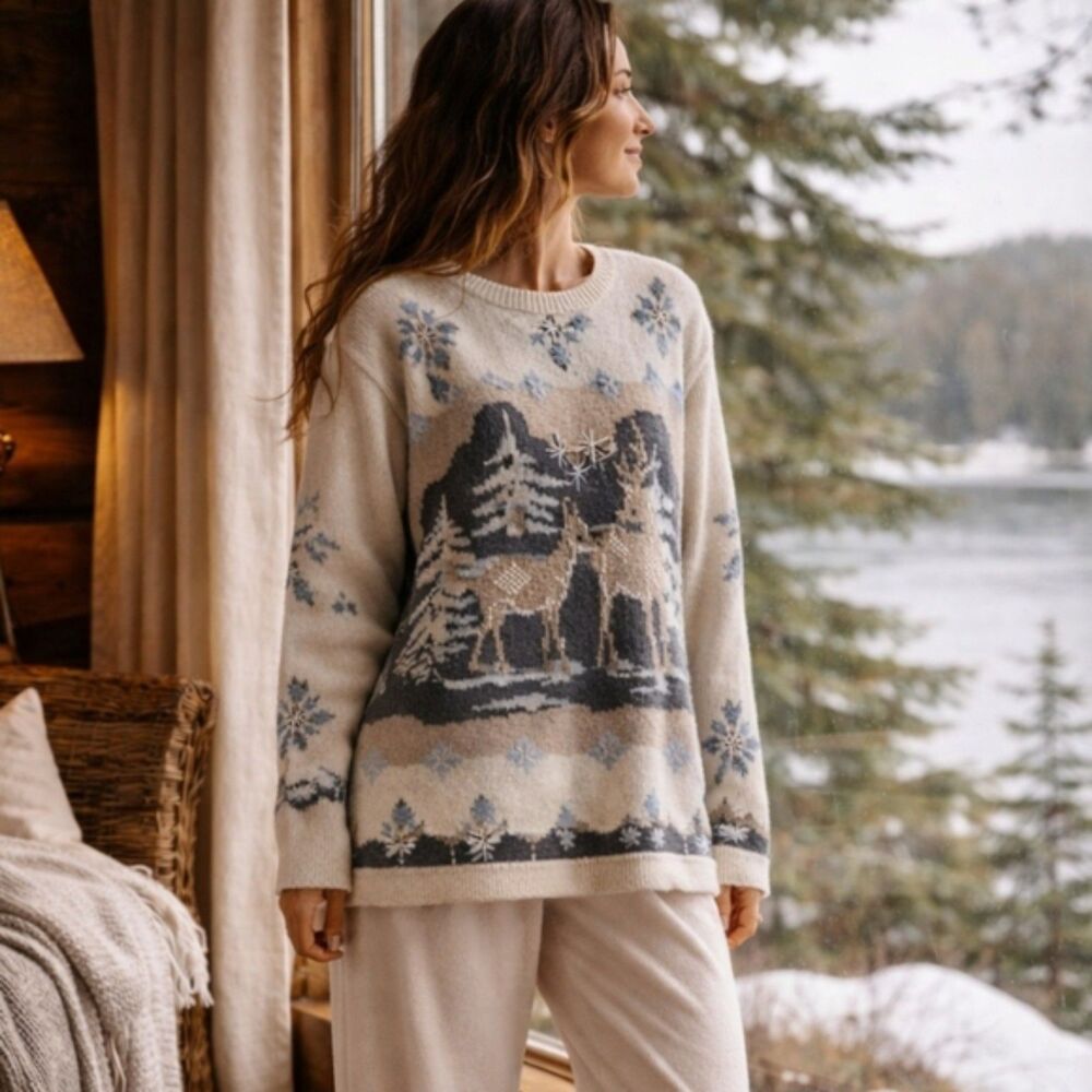 Vtg 90s Alfred Dunner Sweater M Ivory Nordic Deer Scenic Knit Beaded Snowflake